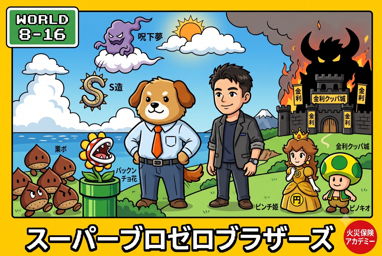 スーパーブロゼロブラザーズ ファミコン風パッケージ絵 兄・中大輔と弟・カサイ学長